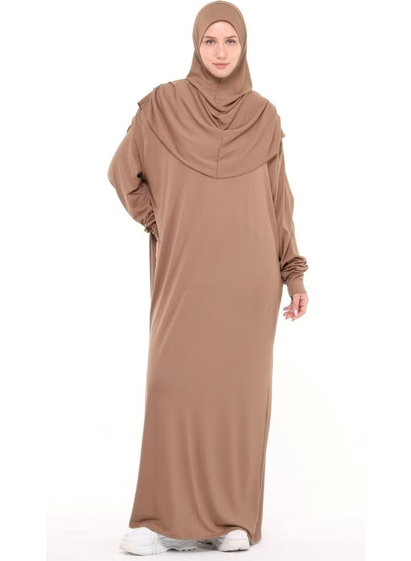 Altobeh Practical One Piece Cotton Bat Sleeves Removable Organic Hijab Prayer Dress with Headscarf - Milk Coffee - Image 1